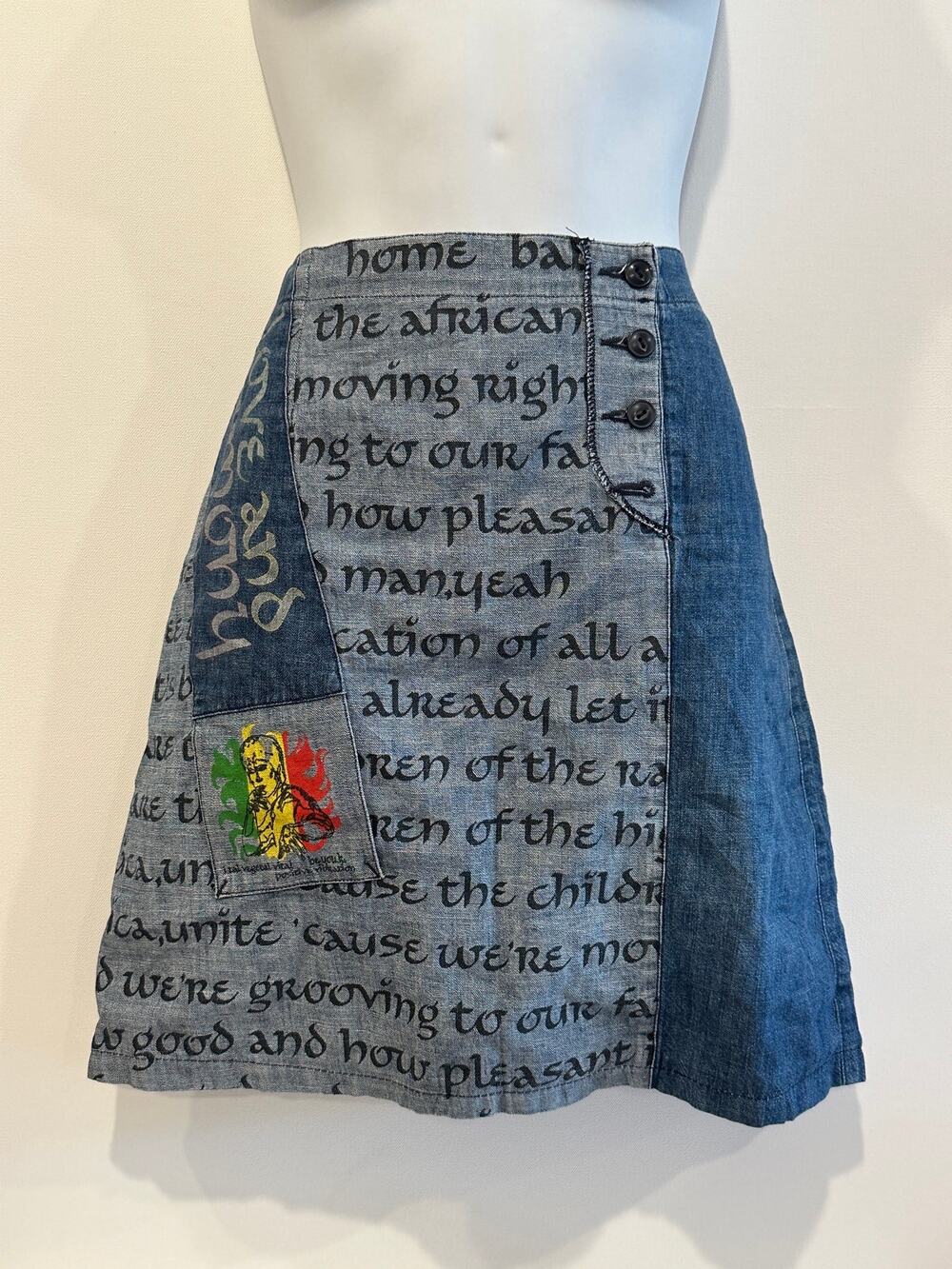 Vintage Be You UK Denim Script Button Front Mini Skirt Love & Harmony Small